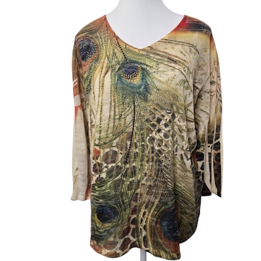 Jess & Jane Peacock Feather Print V-Neck Top Women's Large L Art to Wear